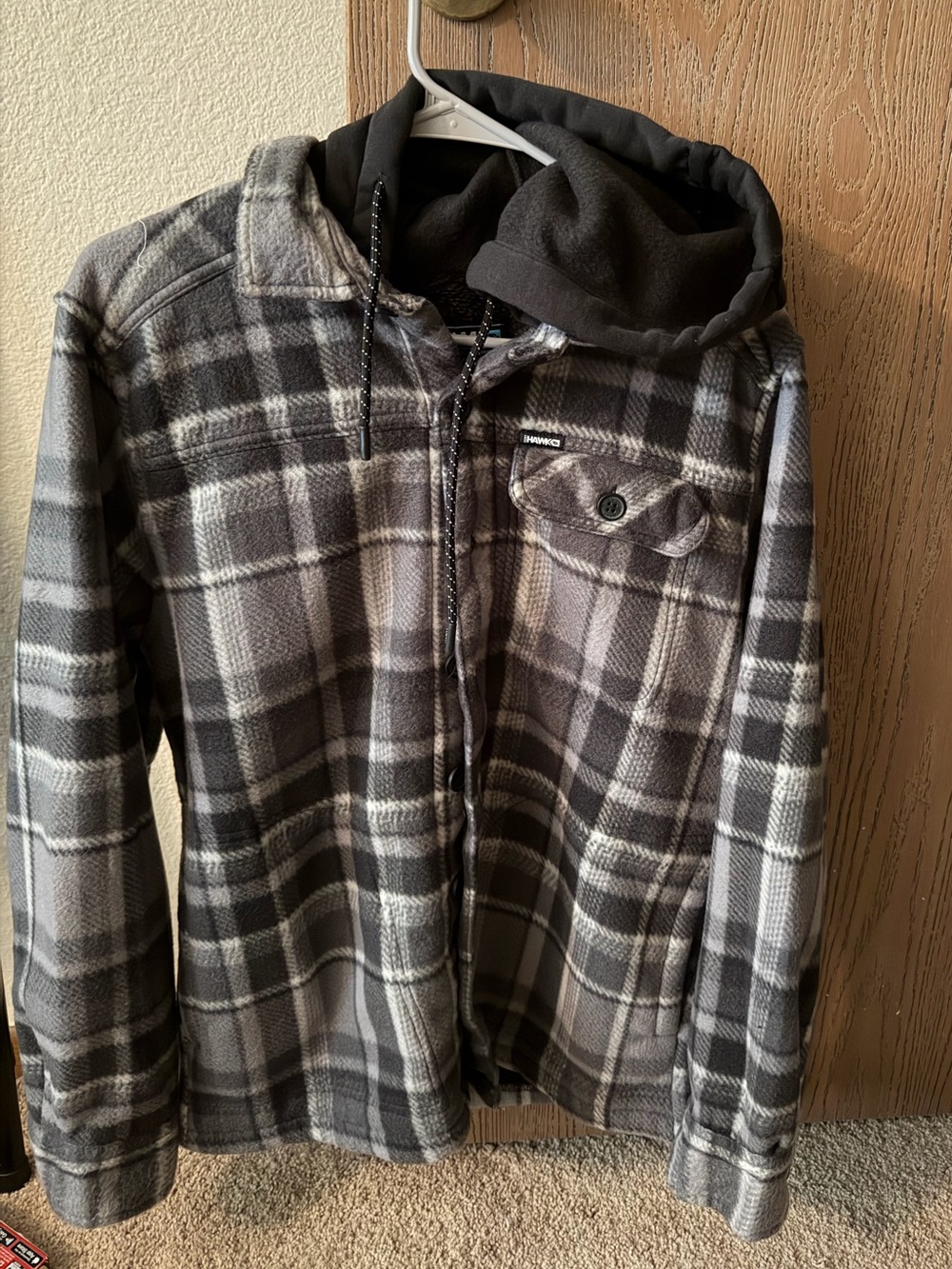 Tony Hawk Hooded Plaid Flannel Jacket Men’s Small Gray Black